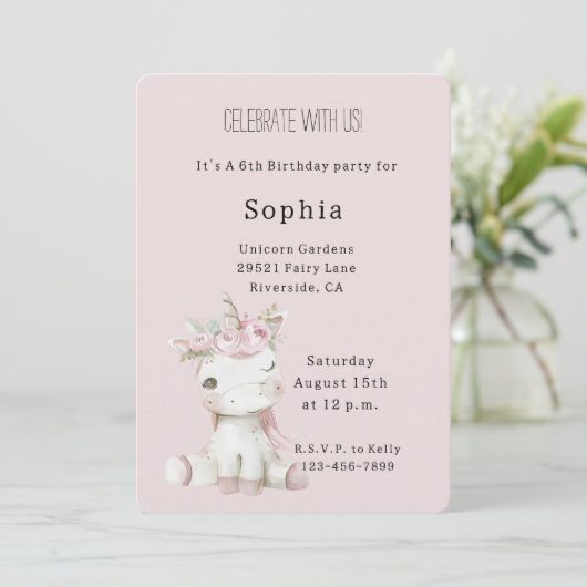 Invitation Blush Pink Floral Unicorn Birthday (Debout devant)