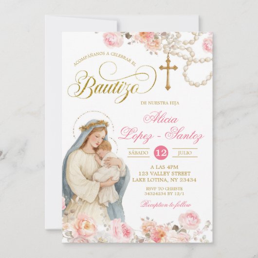 Invitation Blush Pink Floral Virgin Mary Bautizo Invitacion (Devant)