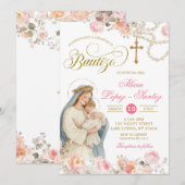 Invitation Blush Pink Floral Virgin Mary Bautizo Invitacion (Devant / Derrière)