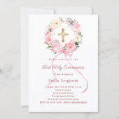 Invitation Blush pink florals bow cross First Communion (Devant)