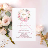 Invitation Blush pink florals bow cross First Communion