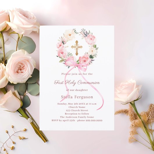 Invitation Blush pink florals bow cross First Communion