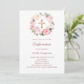Invitation Blush pink florals cross Confirmation (Debout devant)