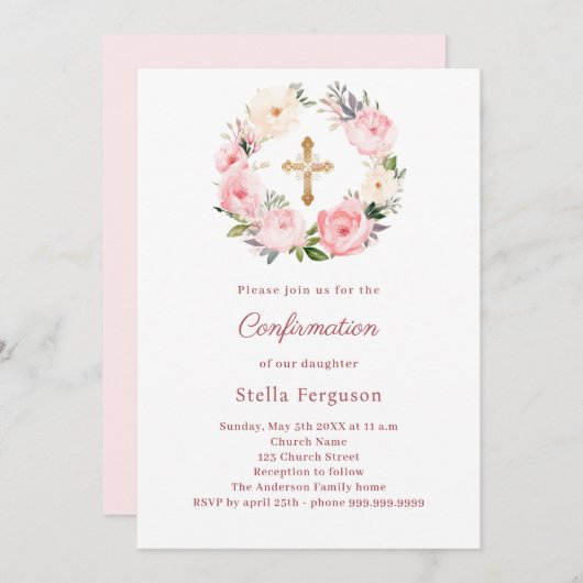 Invitation Blush pink florals cross Confirmation (Devant / Derrière)
