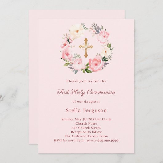 Invitation Blush pink florals cross First Communion (Devant / Derrière)