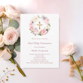 Invitation Blush pink florals cross First Communion