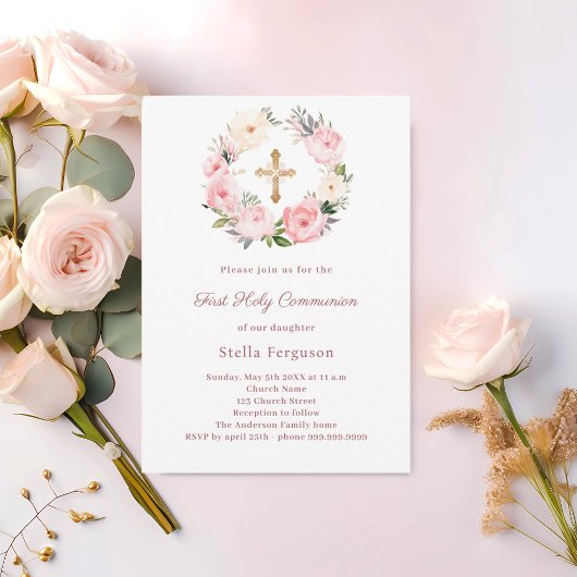 Invitation Blush pink florals cross First Communion