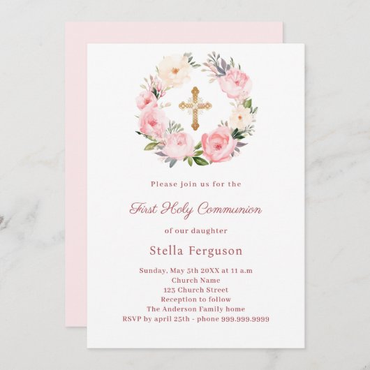 Invitation Blush pink florals cross First Communion (Devant / Derrière)