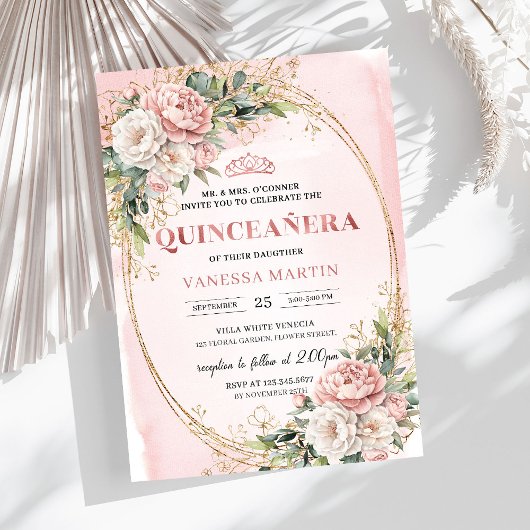 Invitation Blush Pink Flowers Eucalyptus Quinceañera Invite
