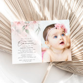 Invitation Blush Pink Flowers, Greenery, First Holy Communion