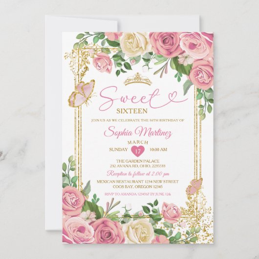 Invitation Blush Pink Garden Floral Sweet 16th Girl Birthday (Devant)