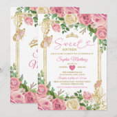 Invitation Blush Pink Garden Floral Sweet 16th Girl Birthday (Devant / Derrière)