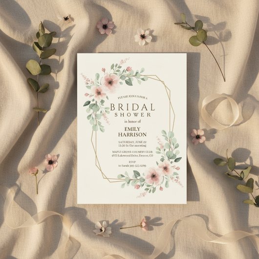 Invitation Blush Pink Geometric Bridal Shower Gold Hexagon