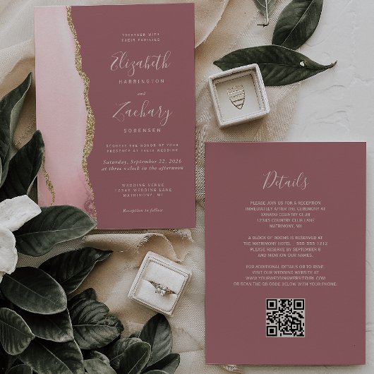 Invitation Blush Pink Gold Agate Dusty Rose QR Code Mariage