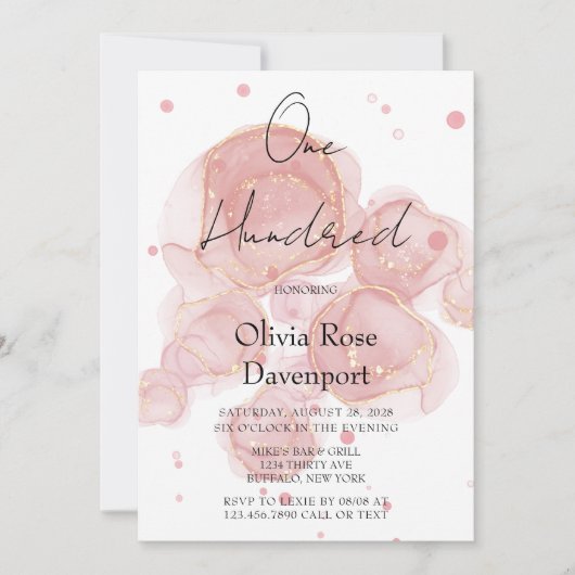 Invitation Blush Pink Gold Alcohol Enk 100e fête d'anniversai (Devant)