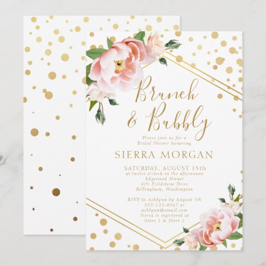 Invitation Blush Pink Gold Brunch & Fête des mariées Bubbly (Devant / Derrière)