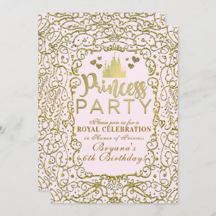 Invitation Blush Pink & Gold Castle PRINCESS PARTY Anniversai