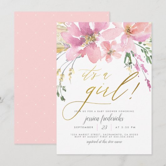 Invitation Blush Pink & Gold C'est une fille Baby shower flor (Devant / Derrière)