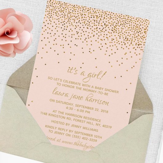 Invitation Blush Pink & Gold Confetti Baby shower fille