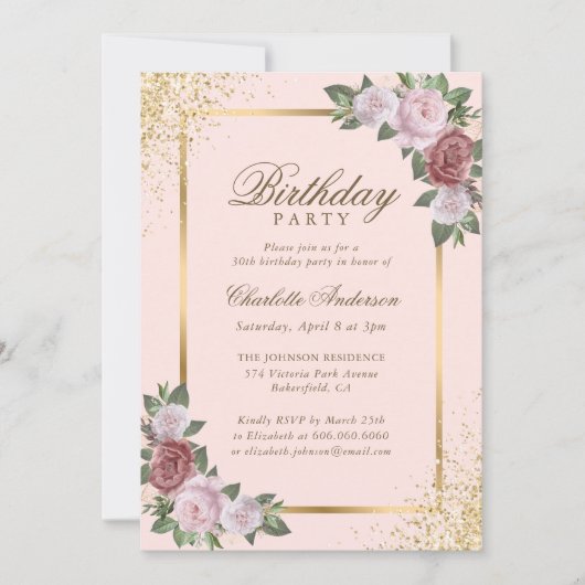 Invitation Blush Pink Gold Confetti Floral fête d'anniversair (Devant)
