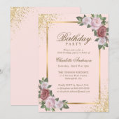 Invitation Blush Pink Gold Confetti Floral fête d'anniversair (Devant / Derrière)