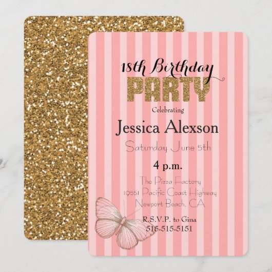 Invitation Blush Pink Gold Confetti Glitter 18th Birthday (Devant / Derrière)