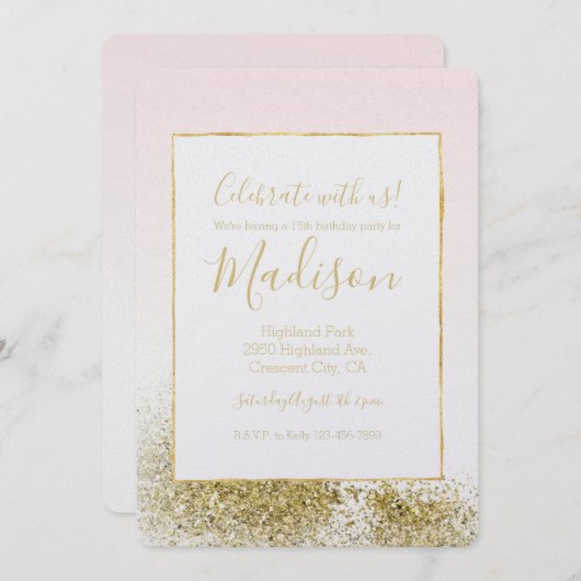 Invitation Blush Pink Gold Faux Parties scintillant Sparkle O (Devant / Derrière)