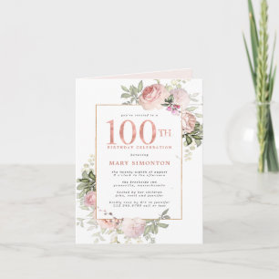 Invitation Blush Pink Gold Floral 100e fête d'anniversaire