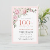 Invitation Blush Pink Gold Floral 100e fête d'anniversaire (Debout devant)