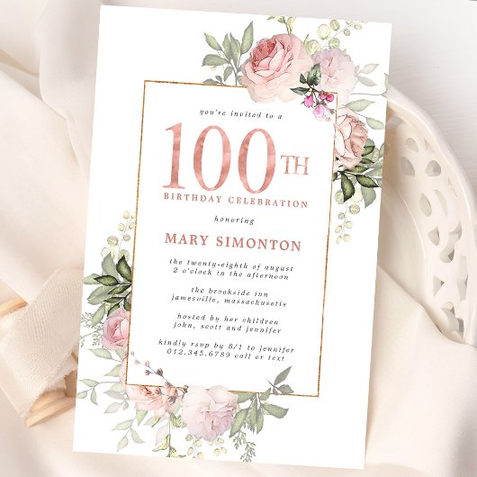 Invitation Blush Pink Gold Floral 100e fête d'anniversaire