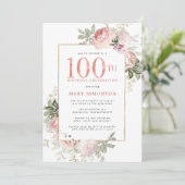 Invitation Blush Pink Gold Floral 100e fête d'anniversaire (Debout devant)