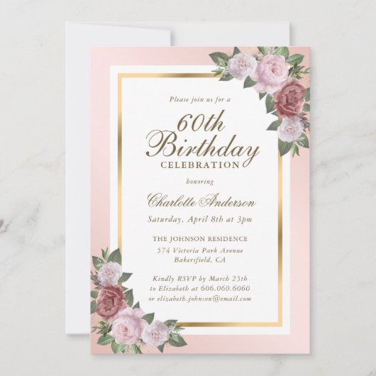Invitation Blush Pink Gold Floral 60e anniversaire (Devant)