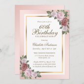 Invitation Blush Pink Gold Floral 60e anniversaire (Devant / Derrière)