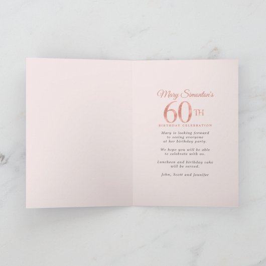 Invitation Blush Pink Gold Floral 60e fête d'anniversaire (Intérieur)