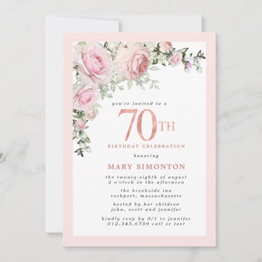 Invitation Blush Pink Gold Floral 70e fête d'anniversaire (Devant)