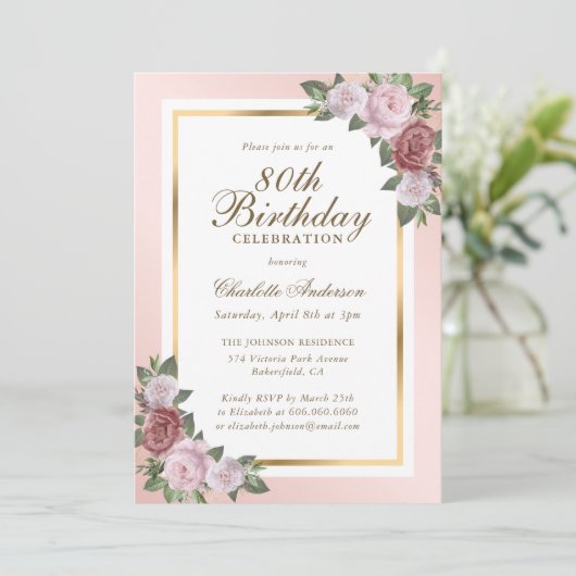 Invitation Blush Pink Gold Floral 80e anniversaire (Debout devant)