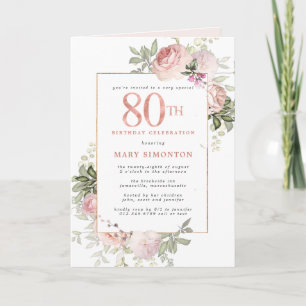 Invitation Blush Pink Gold Floral 80e fête d'anniversaire