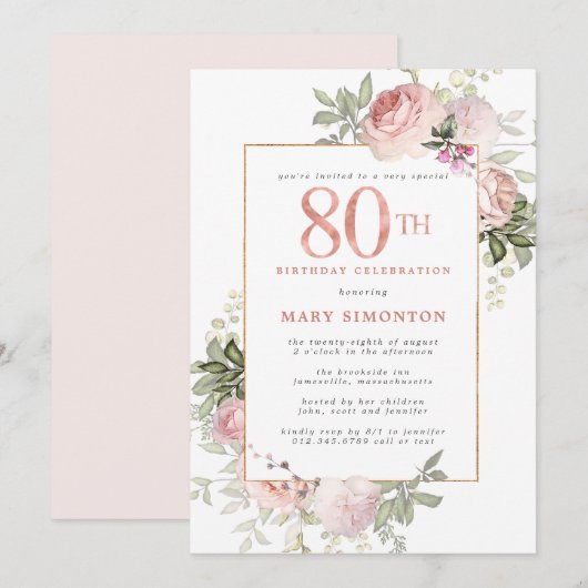 Invitation Blush Pink Gold Floral 80e fête d'anniversaire (Devant / Derrière)