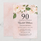 Invitation Blush Pink Gold Floral 90e anniversaire (Devant / Derrière)
