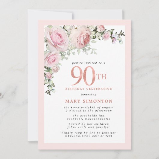 Invitation Blush Pink Gold Floral 90e anniversaire de fête In (Devant)