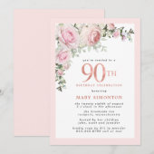 Invitation Blush Pink Gold Floral 90e anniversaire de fête In (Devant / Derrière)