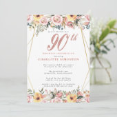 Invitation Blush Pink Gold Floral 90e fête d'anniversaire (Debout devant)