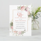 Invitation Blush Pink Gold Floral 91e fête d'anniversaire (Debout devant)