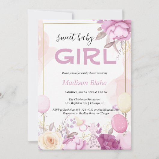 Invitation Blush pink gold Floral Girl baby shower (Devant)