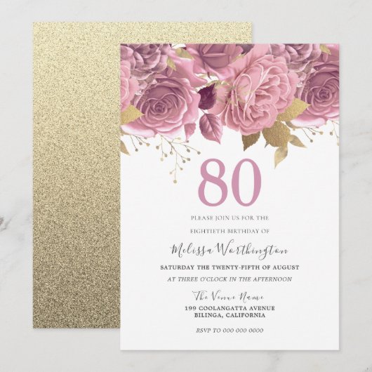 Invitation Blush Pink Gold Flowers 80e fête d'anniversaire (Devant / Derrière)