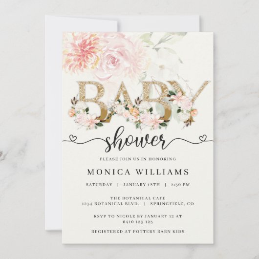 Invitation Blush Pink & Gold Lace Girl Baby Shower (Devant)