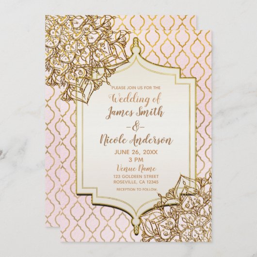 Invitation Blush Pink Gold Marocain nuits Mariage (Devant / Derrière)