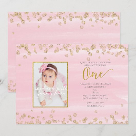 Invitation Blush Pink Gold ONE 1er Anniversaire Photo Invitat (Devant / Derrière)