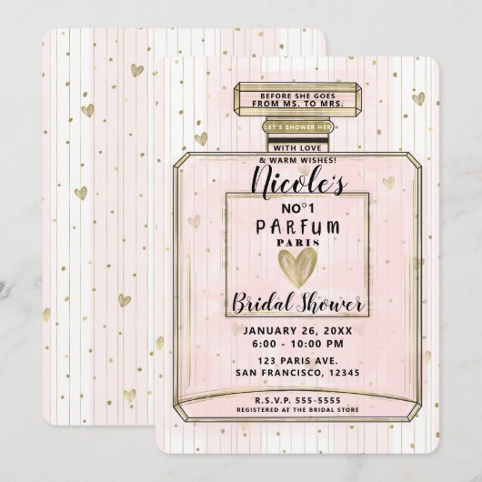 Invitation Blush Pink & Gold Paris Parfum Fête des mariées (Devant / Derrière)