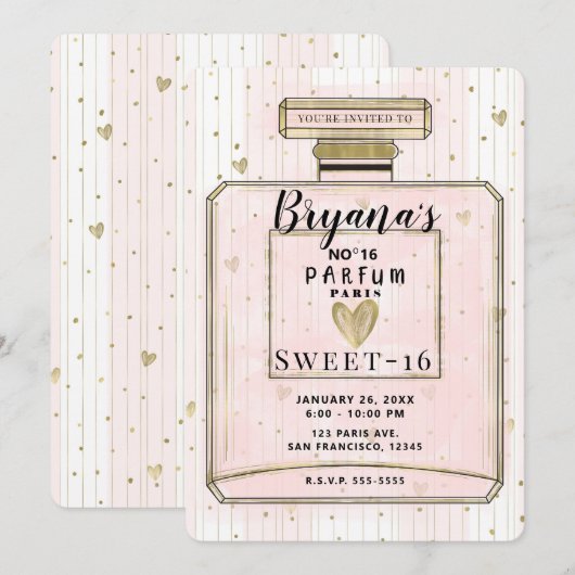 Invitation Blush Pink & Gold Paris Parfum Sweet 16 Anniversai (Devant / Derrière)